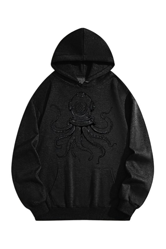 Men's Pocket Graphic Hooded Pullover, Octopus-like Creature with Diving Helmet, Sizes S-2XL
