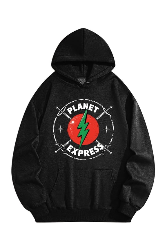 Men's Pocket Graphic Hooded Pullover, Planet Express Logo with Green Bolt, Sizes S-2XL