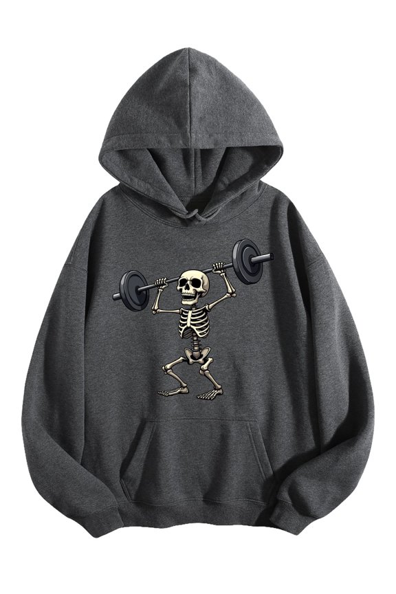 Men's Pocket Graphic Hooded Pullover, Skeleton Lifting A Barbell, Sizes S-2XL