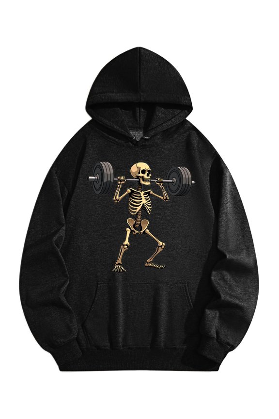 Men's Pocket Graphic Hooded Pullover, Skeleton Lifting Heavy Barbell, Sizes S-2XL