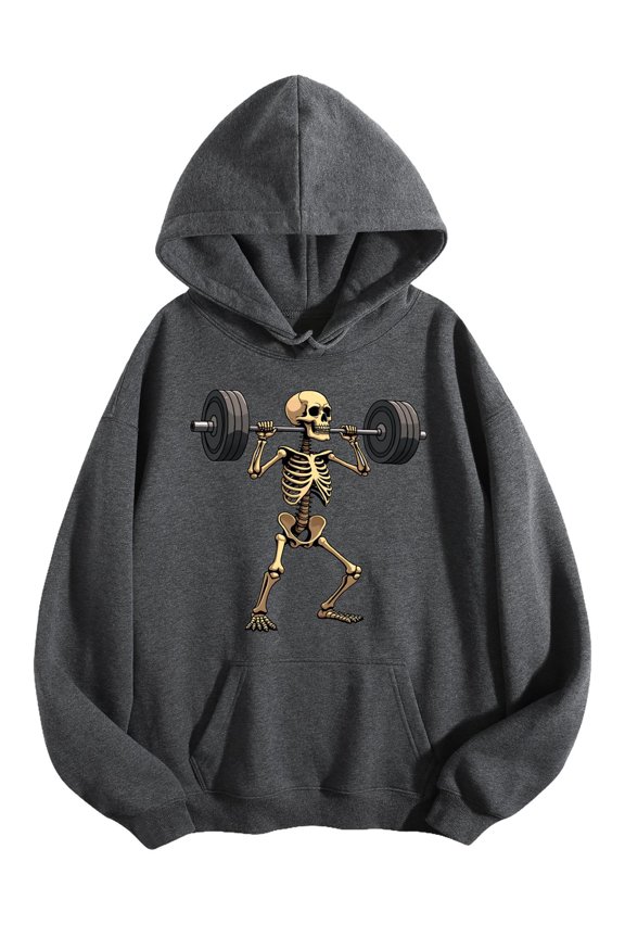 Men's Pocket Graphic Hooded Pullover, Skeleton Lifting Heavy Barbell, Sizes S-2XL