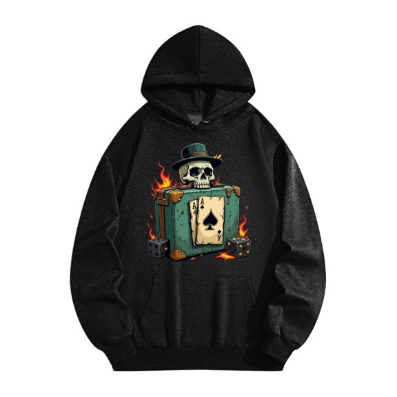Men's Pocket Graphic Hooded Pullover, Skull on Suitcase with Ace of Spades And Burning Dice, Sizes S-2XL