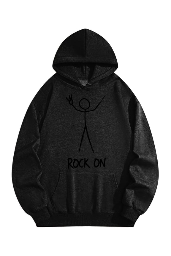 Men's Pocket Graphic Hooded Pullover, Stick Figure with Rock On Below, Sizes S-2XL