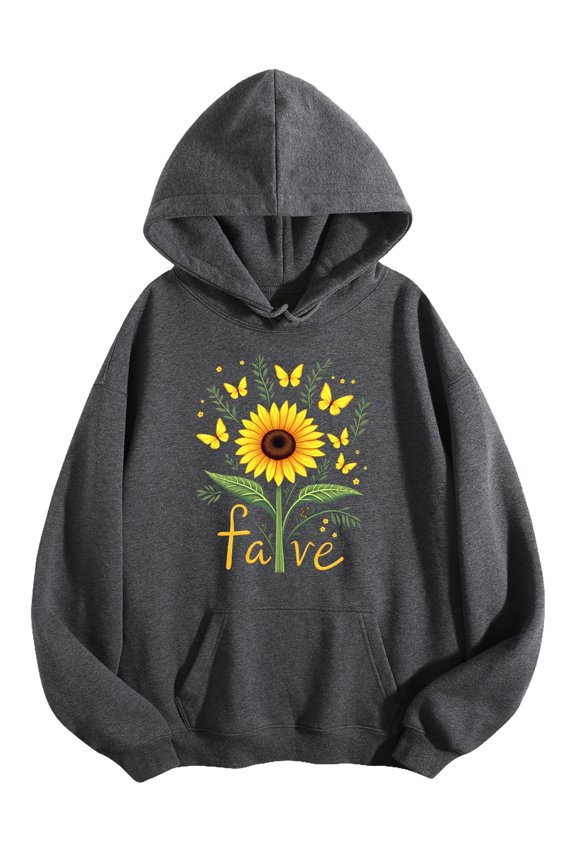 Men's Pocket Graphic Hooded Pullover, Sunflower with Butterflies And The Word Fave Below, Sizes S-2XL