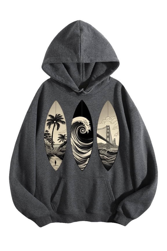 Men's Pocket Graphic Hooded Pullover, Surfboards with Ocean-themed Art, Sizes S-2XL
