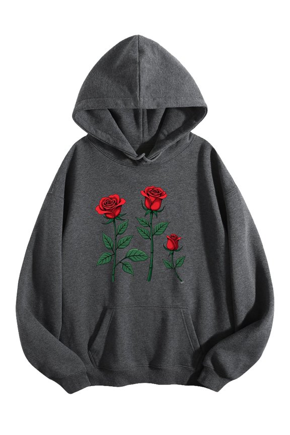 Men's Pocket Graphic Hooded Pullover, Three Red Roses with Green Leaves on A Black Background, Sizes S-2XL