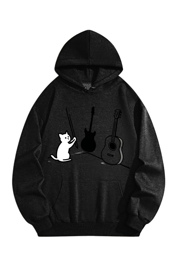 Men's Pocket Graphic Hooded Pullover, White Cat Near A Guitar, Sizes S-2XL