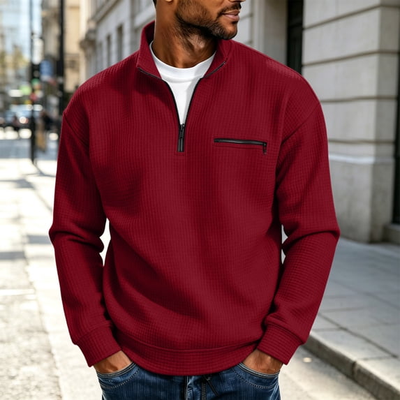 Men's Pocket Pullover 1/4 Zip Stand Collar Long Sleeve Sweatshirts Red M