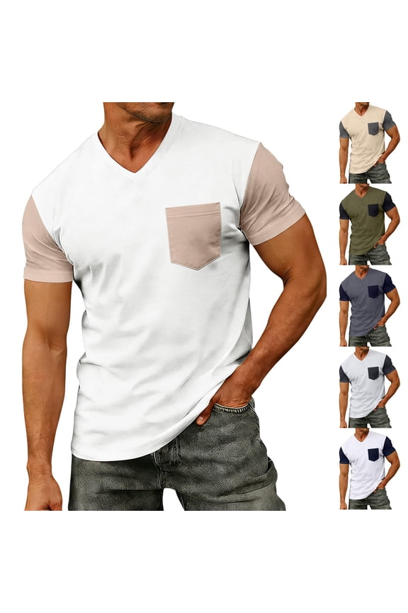 Men's Pocket V-Neck Tee With Color Block Short Sleeve And Lightweight Fabric Featuring Casual Basic Top For Summer Spring Gym Workout Travel Dark Gray S