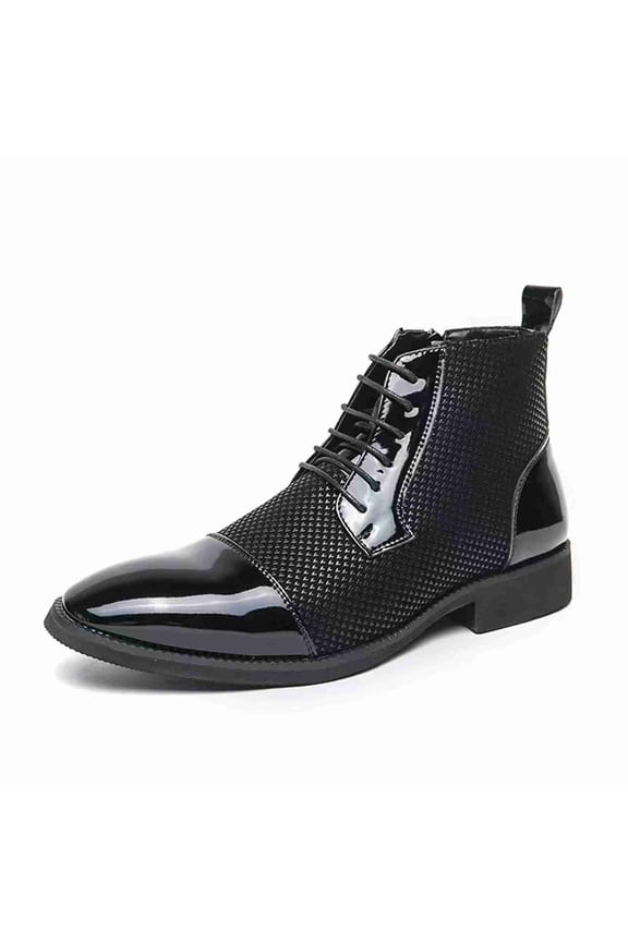Men's Pointed Toe Dress Boots Chelsea boots Patent Leather Textured Mesh Lace-Up Ankle Boots with Side Zipper