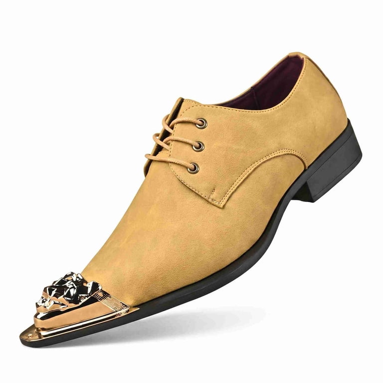 Men's Pointed Toe Dress Shoes with Metal Cap, Lace-Up Formal Oxford Shoes for Business, Black/Grey/Yellow Available
