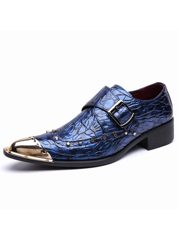 Men's Pointed Toe Monk Strap Dress Shoes Metal Toe Cap Rivet Decor Textured Upper Chunky Heel Party Footwear