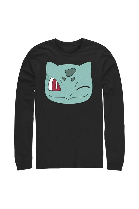 Men's Pokemon Bulbasaur Wink Face  Long Sleeve Shirt Black Medium