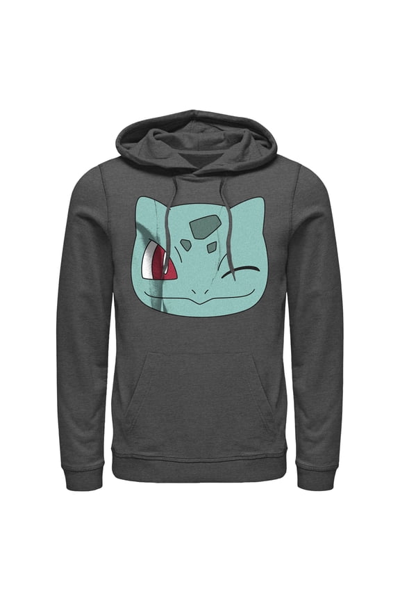 Men's Pokemon Bulbasaur Wink Face Pull Over Hoodie Charcoal Heather 2X Large