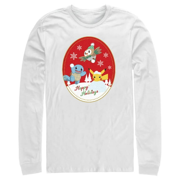 Men's Pokemon Christmas Happy Holidays Patch Long Sleeve Shirt White Large
