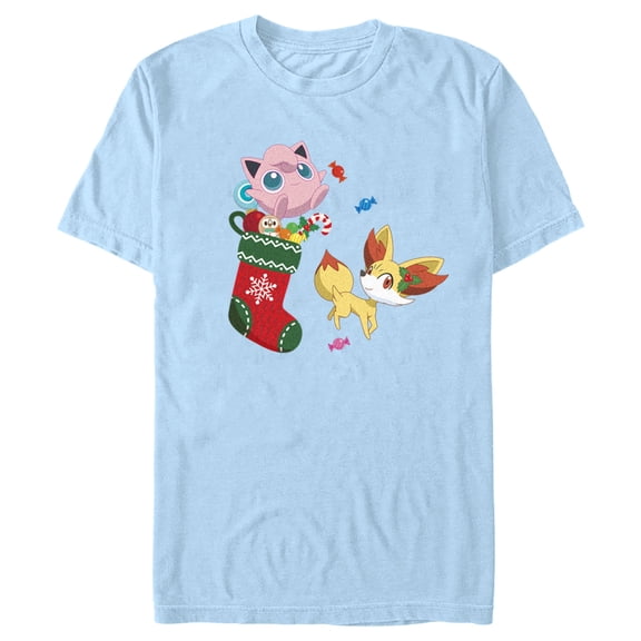 Men's Pokemon Christmas Jigglypuff and Fennekin Stocking  Graphic Tee Light Blue 3X Large
