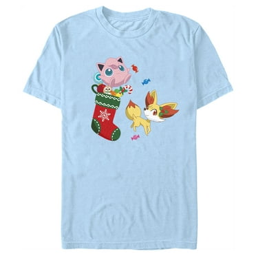 Men's Pokemon Christmas Jigglypuff and Fennekin Stocking  Graphic Tee Light Blue Large