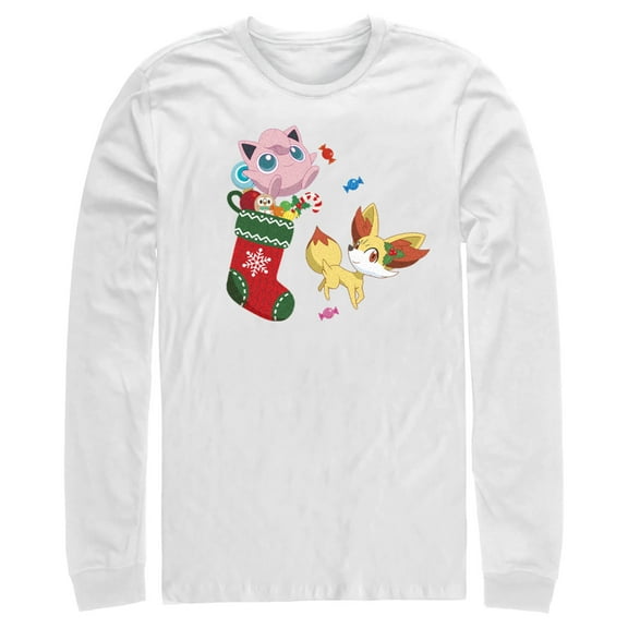 Men's Pokemon Christmas Jigglypuff and Fennekin Stocking  Long Sleeve Shirt White Large