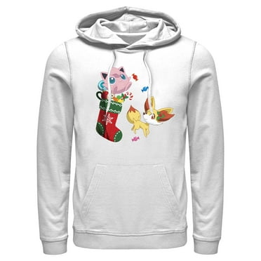 Men's Pokemon Christmas Jigglypuff and Fennekin Stocking  Pull Over Hoodie White 3X Large