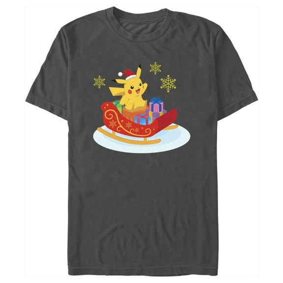 Men's Pokemon Christmas Pikachu Sleigh Graphic Tee Charcoal 2X Large