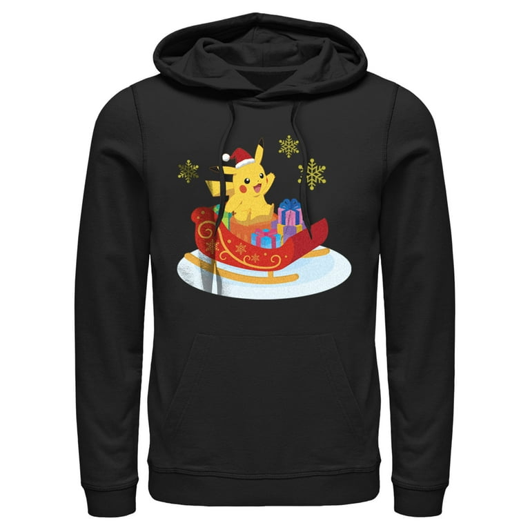 Men s Pokemon Christmas Pikachu Sleigh Pull Over Hoodie Black