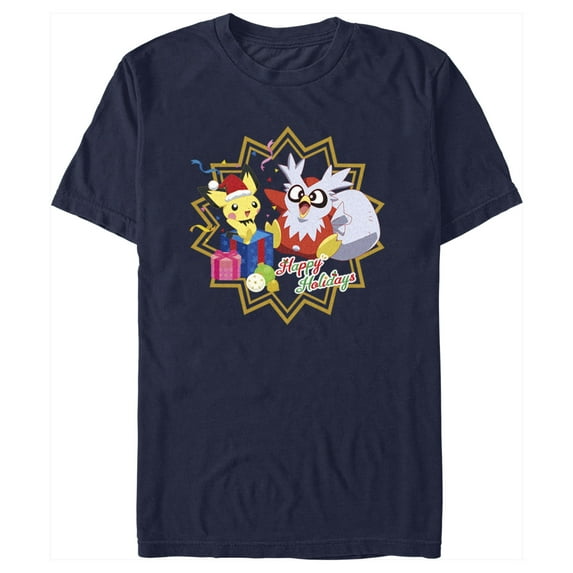 Men's Pokemon Christmas Pikachu and Delibird Happy Holidays Graphic Tee Navy Blue 3X Large