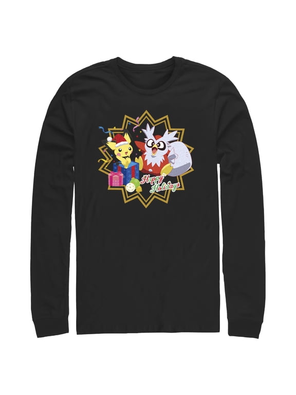 Men's Pokemon Christmas Pikachu and Delibird Happy Holidays Long Sleeve Shirt Black X Large