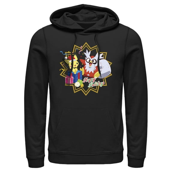 Men's Pokemon Christmas Pikachu and Delibird Happy Holidays Pull Over Hoodie Black X Large