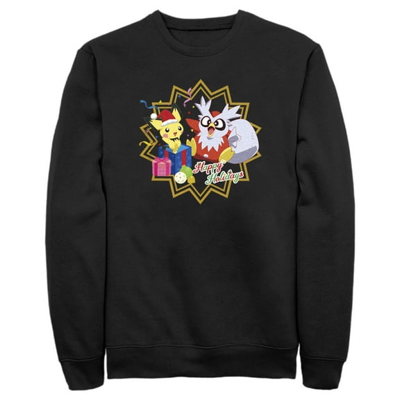 Men's Pokemon Christmas Pikachu and Delibird Happy Holidays Sweatshirt Black 3X Large