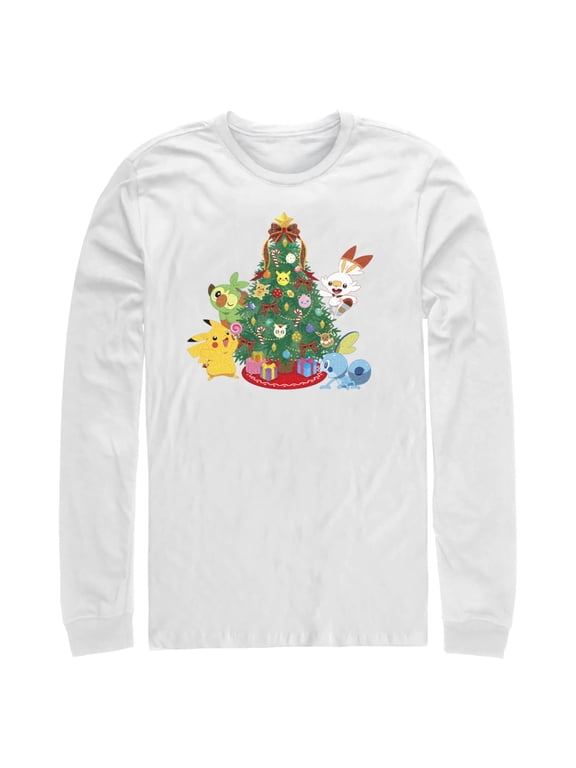 Men's Pokemon Christmas Tree Friends Long Sleeve Shirt White 2X Large