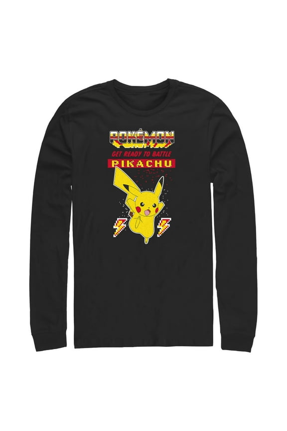 Men's Pokemon Get Ready to Battle Pikachu Retro Long Sleeve Shirt Black Large
