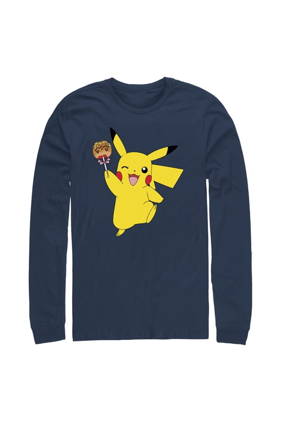 Men's Pokemon Halloween Pikachu Jack-O'-Lantern Caramel Apple Long Sleeve Shirt Navy Blue X Large