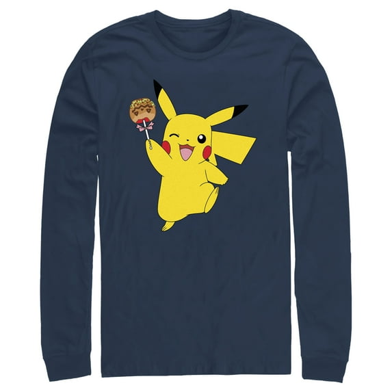 Men's Pokemon Halloween Pikachu Jack-O'-Lantern Caramel Apple Long Sleeve Shirt Navy Blue X Large