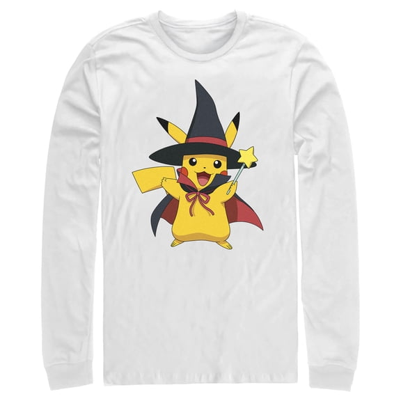 Men's Pokemon Halloween Pikachu Magic Wand Long Sleeve Shirt White Medium