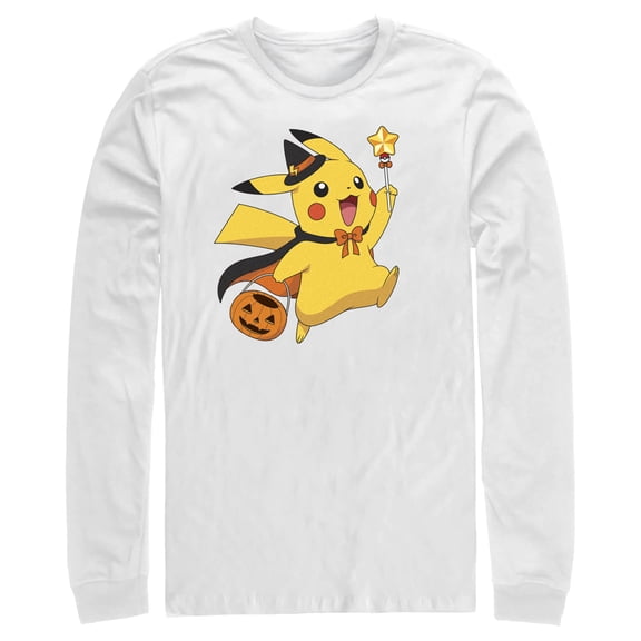Men's Pokemon Halloween Pikachu Wizard Long Sleeve Shirt White Medium