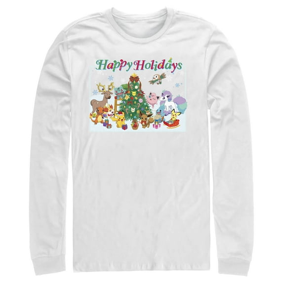 Men's Pokemon Happy Holidays Crew Long Sleeve Shirt White X Large