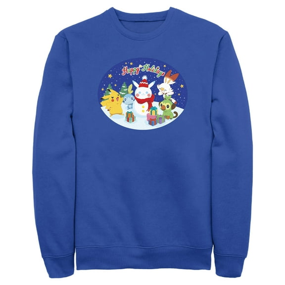 Men's Pokemon Happy Holidays Snowman Pikachu Sweatshirt Royal Blue 3X Large