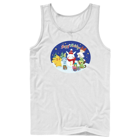 Men's Pokemon Happy Holidays Snowman Pikachu Tank Top White 2X Large