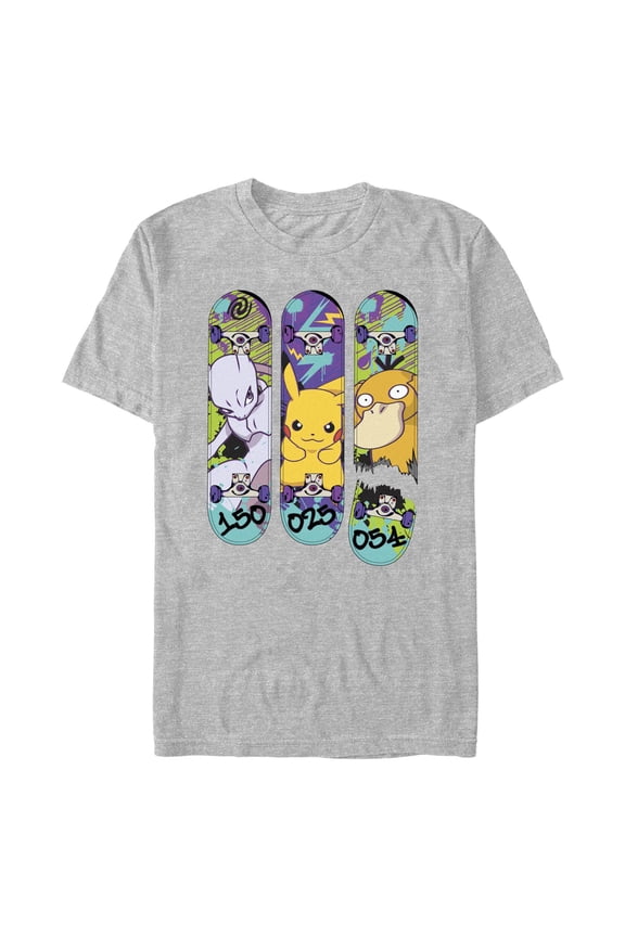 Men's Pokemon Mewtwo, Pikachu, and Psyduck Skateboard Decks Graphic Tee Athletic Heather 2X Large