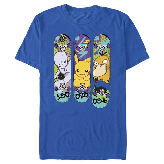 Men's Pokemon Mewtwo, Pikachu, and Psyduck Skateboard Decks Graphic Tee Royal Blue Medium