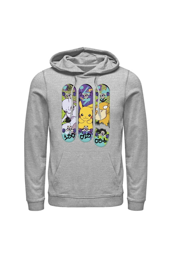 Men's Pokemon Mewtwo, Pikachu, and Psyduck Skateboard Decks Pull Over Hoodie Athletic Heather Medium
