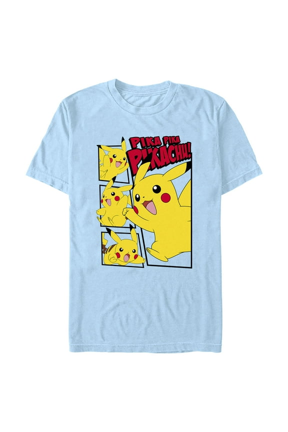 Men's Pokemon Pikachu Comic Panels Graphic Tee Light Blue 2X Large