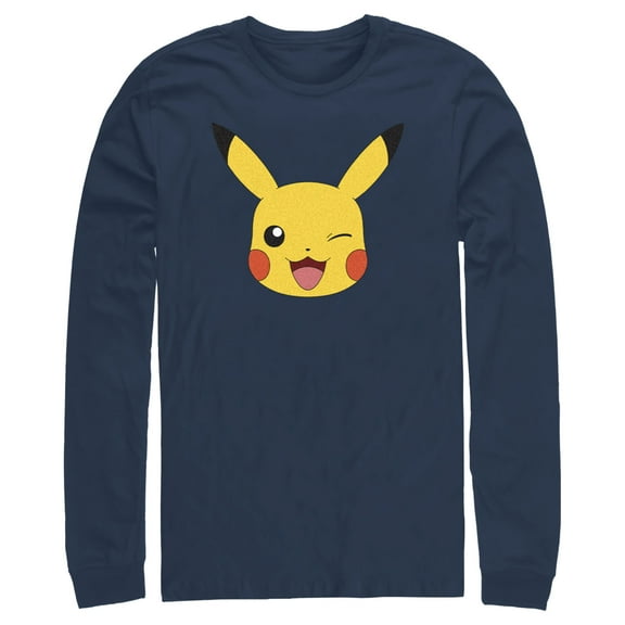 Men's Pokemon Pikachu Wink Face  Long Sleeve Shirt Navy Blue Medium