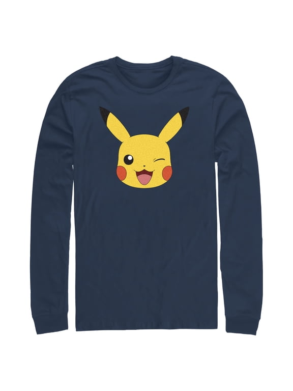 Men's Pokemon Pikachu Wink Face Long Sleeve Shirt Navy Blue Small