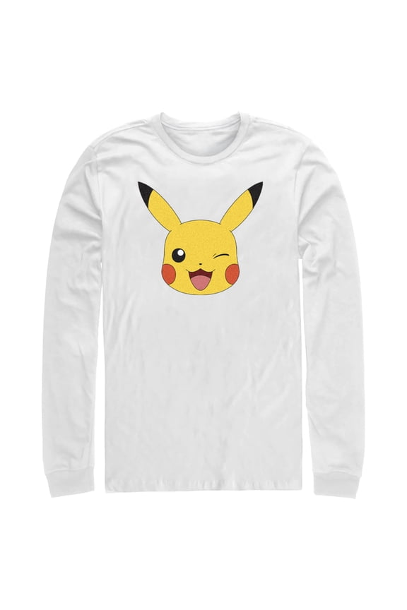 Men's Pokemon Pikachu Wink Face Long Sleeve Shirt White Large