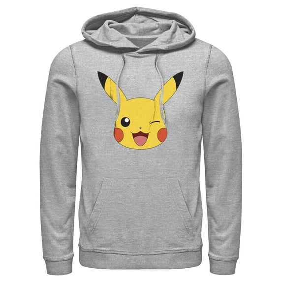 Men's Pokemon Pikachu Wink Face Pull Over Hoodie Athletic Heather X Large