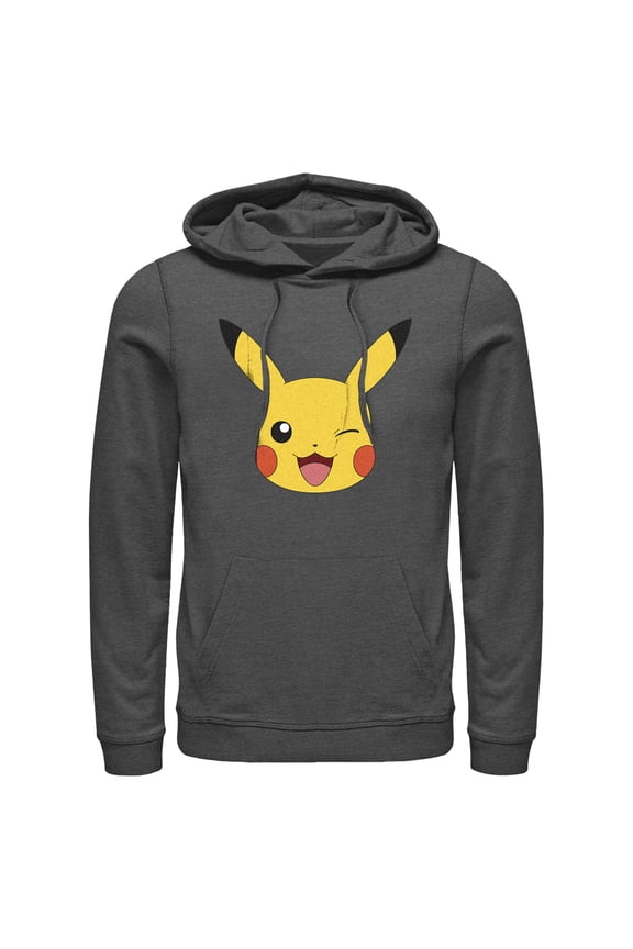 Men's Pokemon Pikachu Wink Face Pull Over Hoodie Charcoal Heather Small