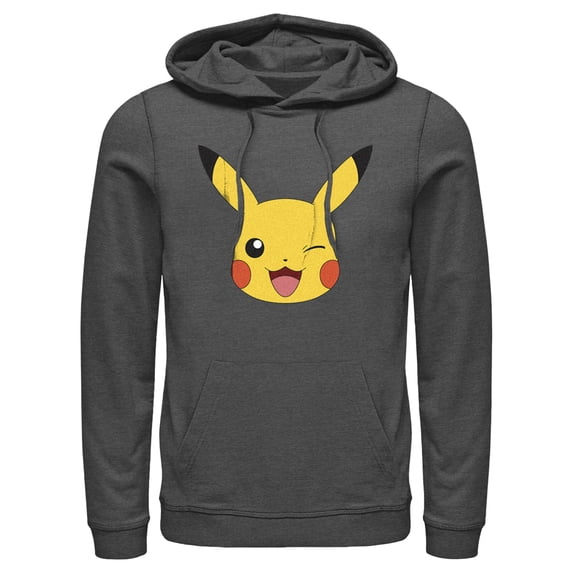 Men's Pokemon Pikachu Wink Face Pull Over Hoodie Charcoal Heather X Large