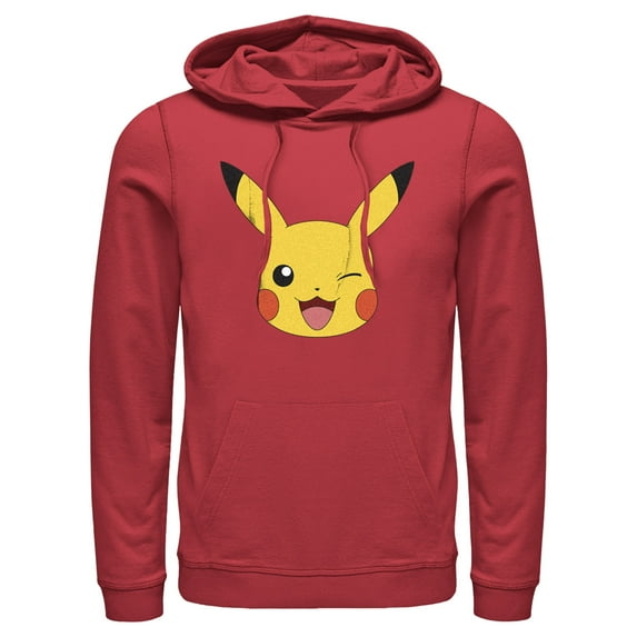 Men's Pokemon Pikachu Wink Face Pull Over Hoodie Red X Large