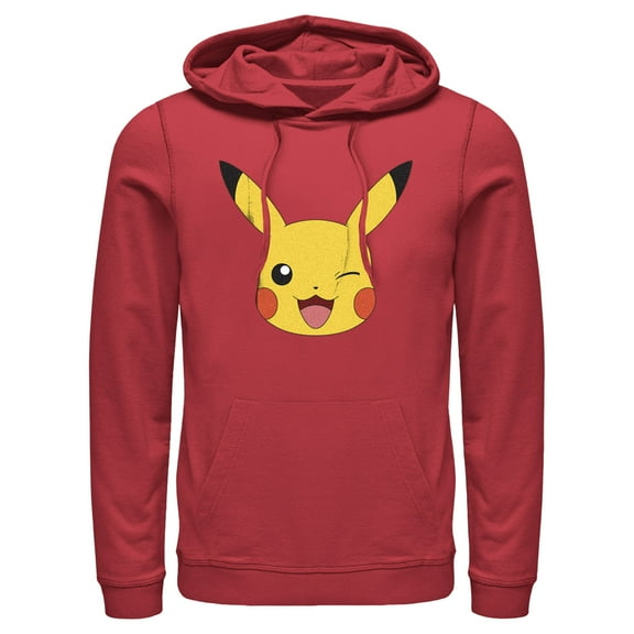 Men's Pokemon Pikachu Wink Face Pull Over Hoodie Red X Large